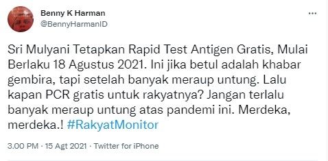 Benny K Harman sindir pemerintah banyak ambil untung dari tes Covid-19 (Twitter)