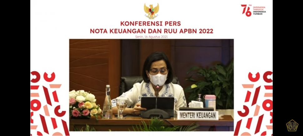 Menkeu Sri Mulyani  dalam konferensi pers Nota Keuangan dan RUU APBN 2022 secara virtual, Senin (16/8/2021). [Tangkapan layar]