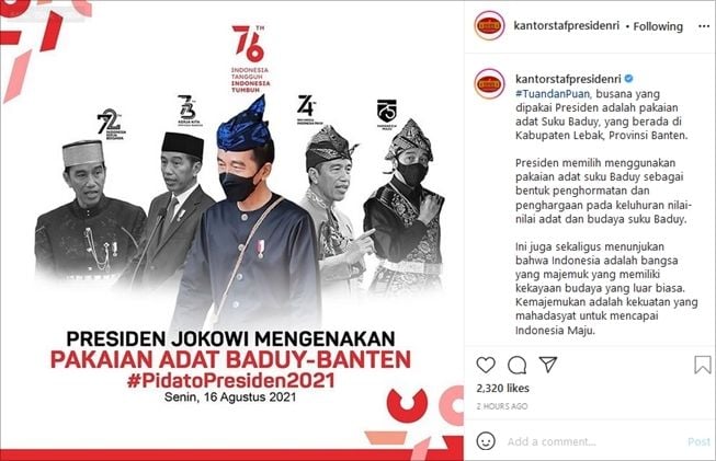 Penjelasan di balik busana adat Suku Baduy yang dikenakan Presiden Jokowi. (Instagram/@kantorstafpresidenri)