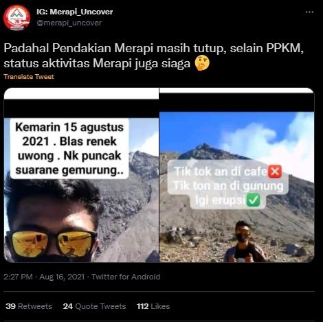 Viral Cowok TikTokan di Puncak Gunung Merapi Jelang Erupsi. (Twitter/@merapi_uncover)