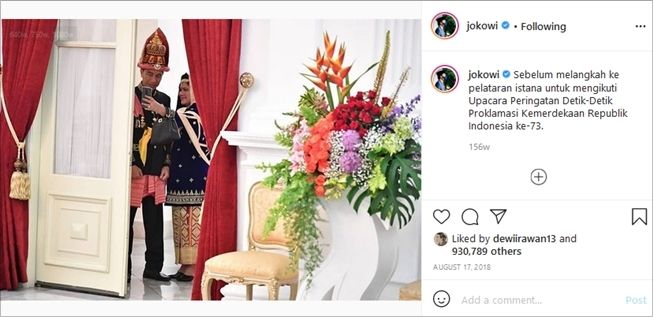 Potret Presiden Joko Widodo dan Ibu Negara Iriana Jokowi saat Upacara Peringatan Detik-Detik Proklamasi Kemerdekaan Republik tahun 2018. (Instagram/@jokowi)