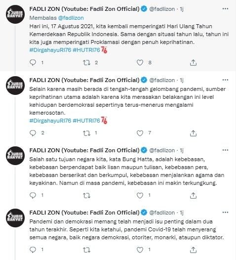 Fadli Zon soroti kebebasan demokrasi di HUT 76 RI (Twitter)