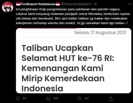 Ferdinand Hutahaean Murka Taliban Ucapkan Selamat HUT RI. (Twitter/@FerdinandHaean3)