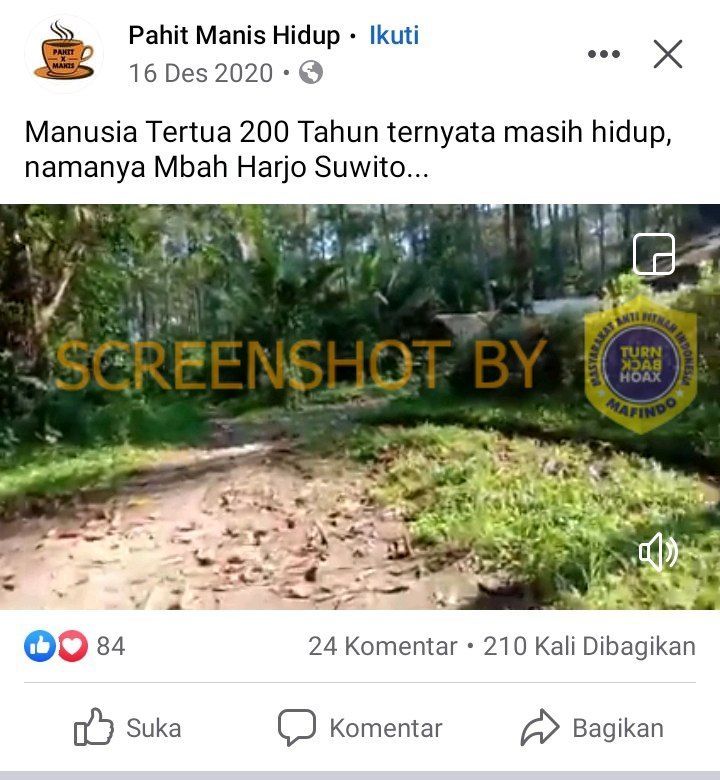 CEK FAKTA Mbah Harjo Suwito, Manusia Tertua 200 Tahun Masih Hidup. (Turnbackhoax.id)