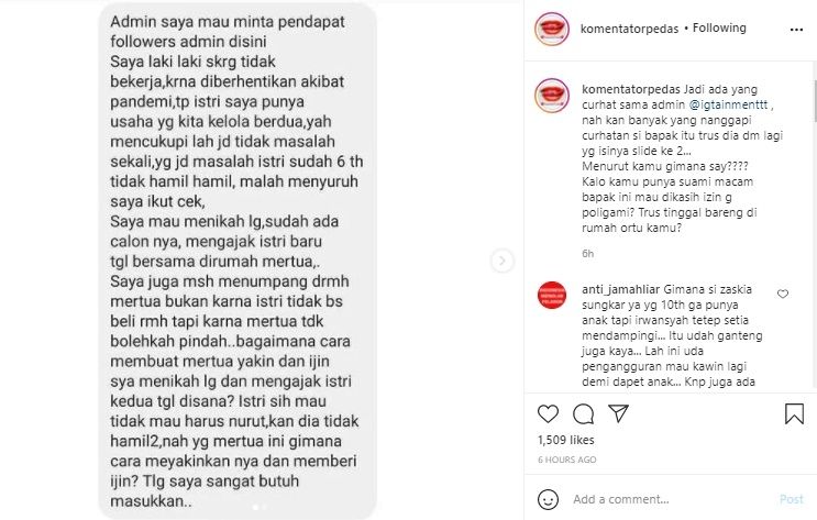 Viral Suami Salahkan Istri Tak Hamil dan Galau Ingin Poligami. (Instagram/@komentatorpedas)