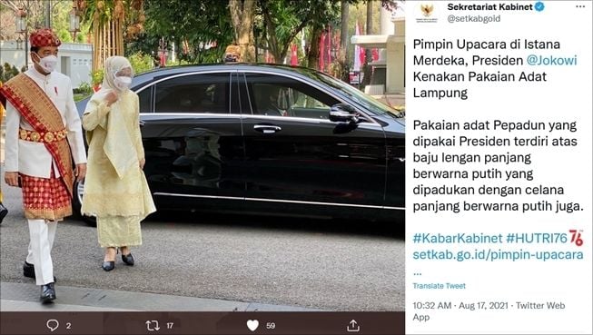 Presiden Joko Widodo dan Ibu Negara Iriana di upacara HUT RI. (Twitter/@setkabgoid)