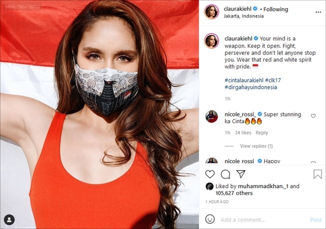 Postingan Cinta Laura untuk HUT RI, maskernya curi perhatian. (Instagram/@claurakiehl)