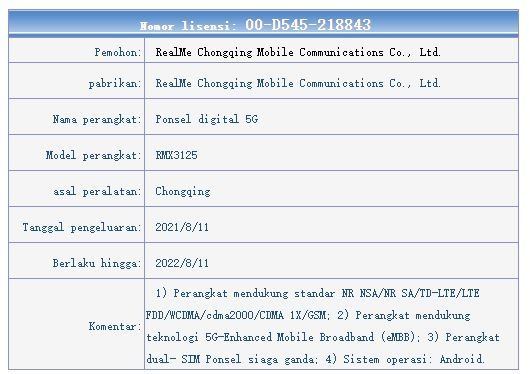 Realme RMX3125 muncul di laman sertifikasi TENAA. (TENAA, Terjemahan)