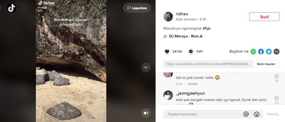 Viral Wisatawan Merangkak Masuk Batu Karang, Didalamnya Ada Warung Bikin Ngeri. (TikTok/@ridhex)