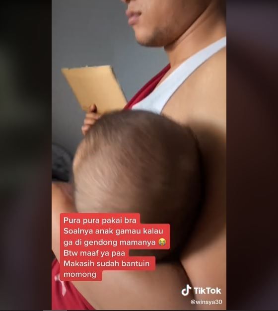 Viral Suami Pakai Bra Istri untuk Bantu Mengasuh Anak (tiktok.com/@winsya30)