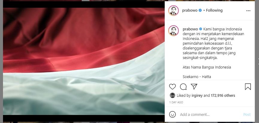 Feeds Prabowo panen pujian (Instagram)