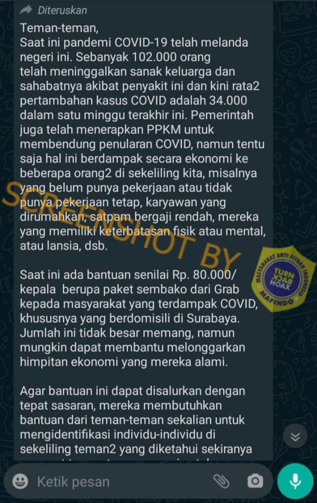 Fakta Grab bagi sembako untuk warga Surabaya (Turnbackhoax.id)