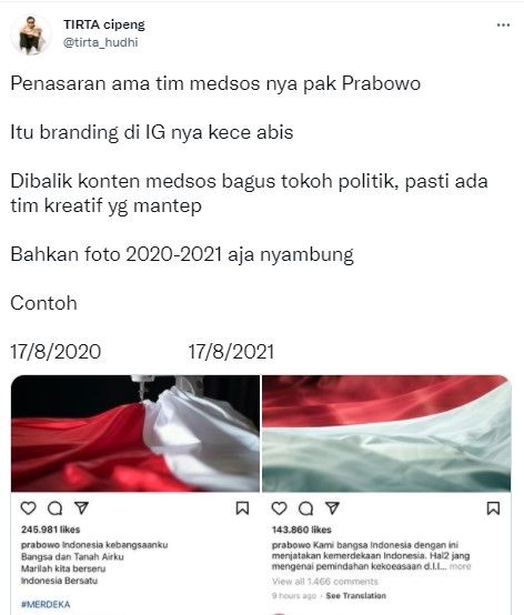 Feeds Prabowo panen pujian (Instagram)