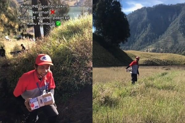 Viral Kurir Ngos-ngosan Antar Paket Sampai ke Ranu Kumbolo Gunung Semeru. (TikTok/@edelweis.senja)