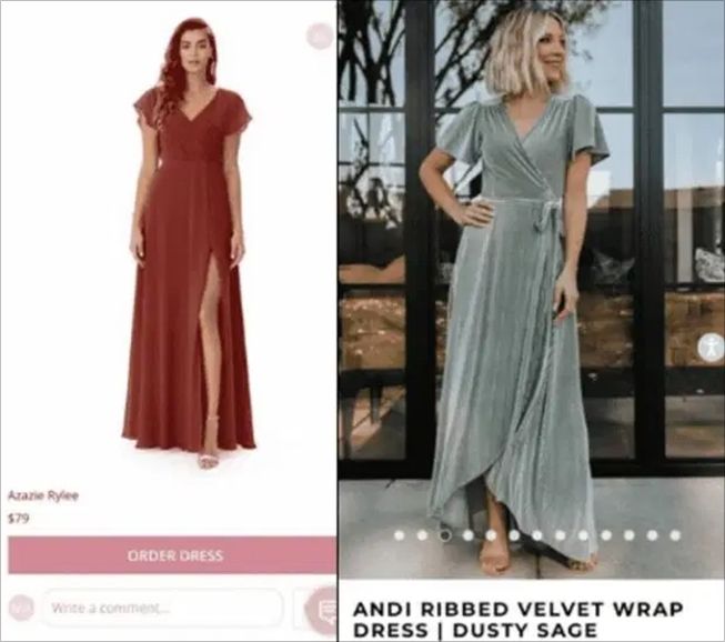 Dress bridesmaid mempelai wanita (kiri) vs outfit pilihan si tamu undangan (kanan). (Facebook)