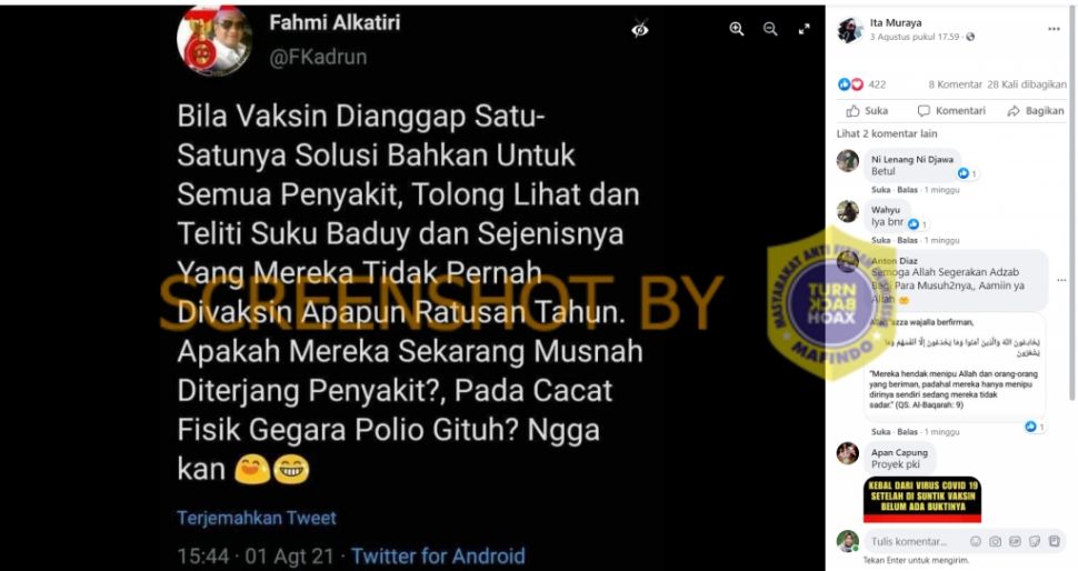 Fakta masyarakat Suku Baduy tak pernah divaksin (Turnbackhoax.id)