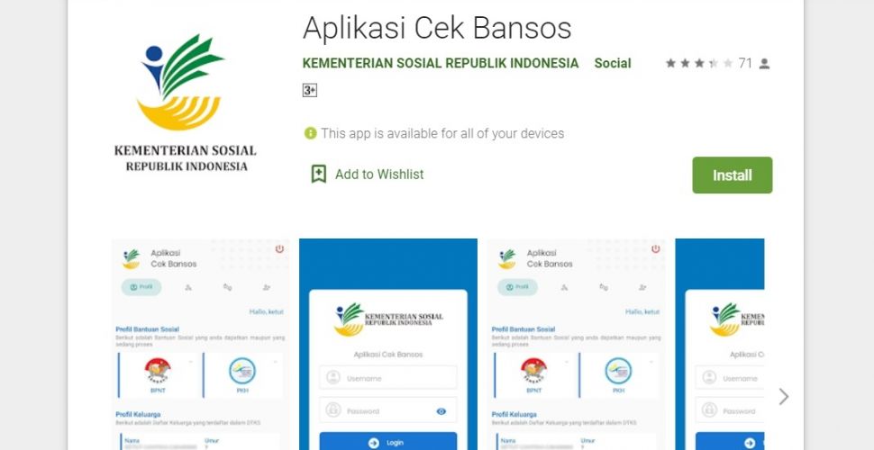 Aplikasi cek bansos Kemensos, cara daftar bansos Kemensos (play.google.com)