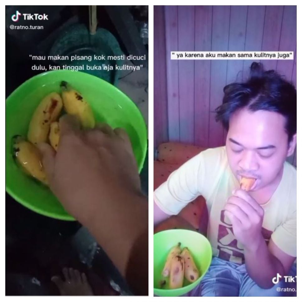 Makan pisang dengan kulitnya (TikTok @ratno.turan)