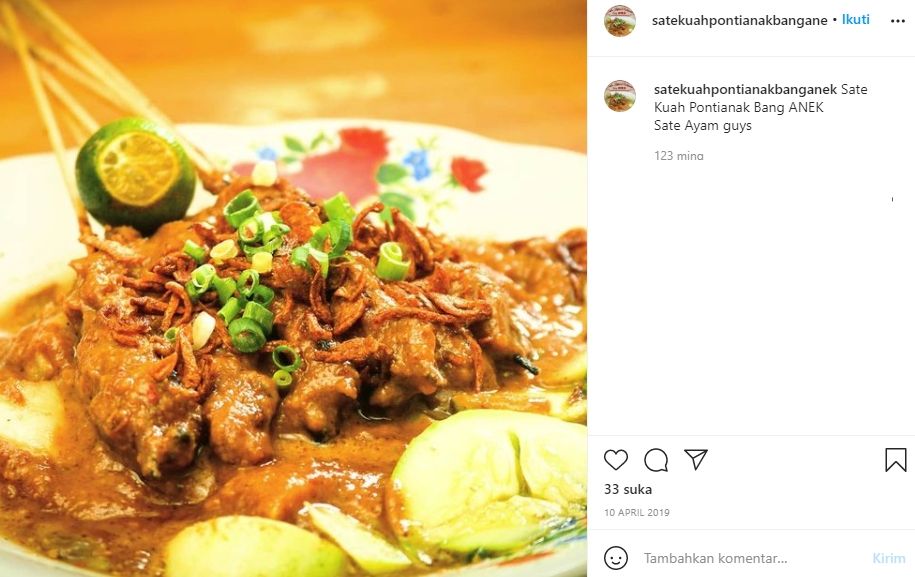 Sate kuah Pontianak, Kuline Khas Kota Khatulistiwa Pontianak. (Instagram/@satekuahpontianakbangane)