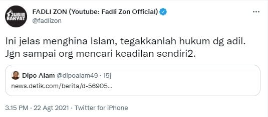 Fadli Zon beri peringatan ke aparat soal Muhammad Kece (Twitter)