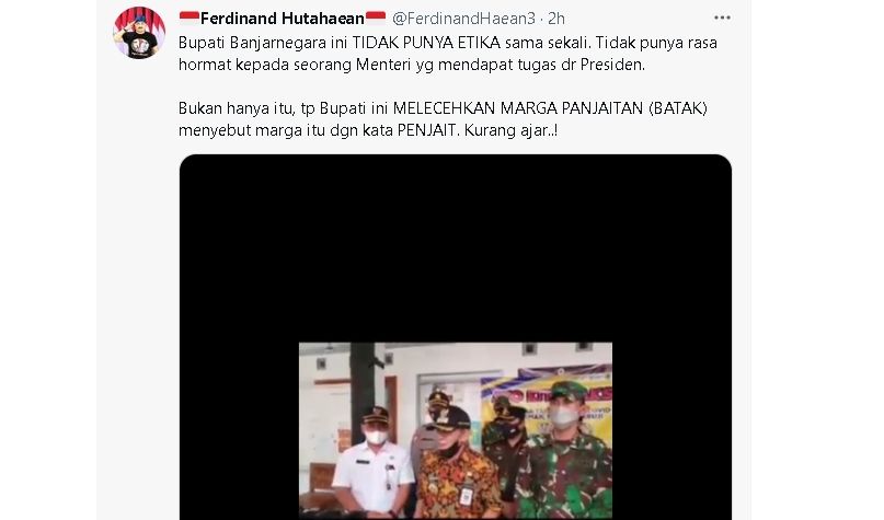 Cuitan Ferdinand soal pernyataan Bupati Banjarnegara yang dinilai menghina Luhut (twitter)