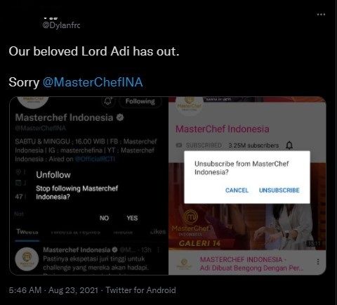 Netizen kecewa Lord Adi tidak lolos grand final (Twitter)