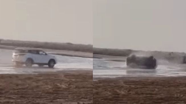 Toyota Fortuner ngedrift di pantai, endingnya ngenes. (carscoops.com)