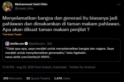 Said Didu Beri Sindiran Menohok Atas Pernyataan Ngabalin Soal Menjilat Demi Selamatkan Bangsa. (Twitter/@msaid_didu)