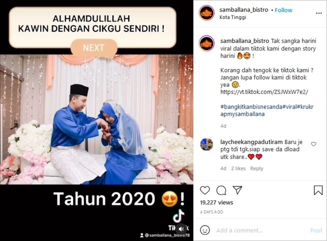 Momen mesra pasutri viral beda 25 tahun, dulunya murid dan guru. (Instagram/@samballana_bistro)