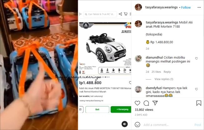 Detail harga mobil hampers ulang tahun anak Tasya Farasya. (Instagram/@tasyafarasya.wearings)