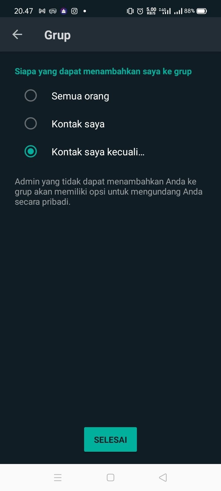 Pengaturan privasi di grup WhatsApp. (HiTekno.com)