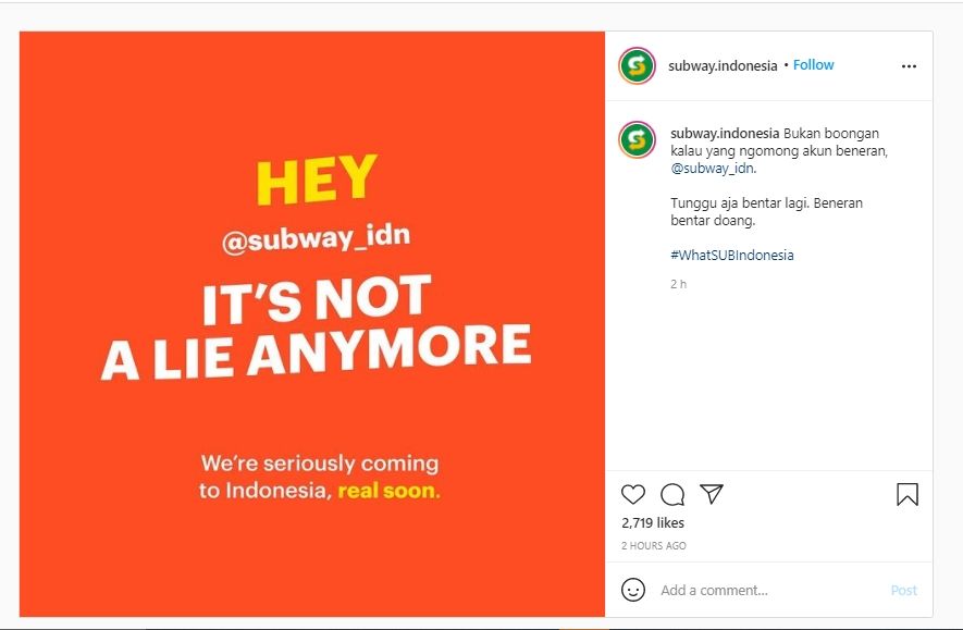 Bukan Prank! Restoran Subway yang Hits Bakalan Hadir Kembali di Indonesia. (Instagram/@subway_indonesia)