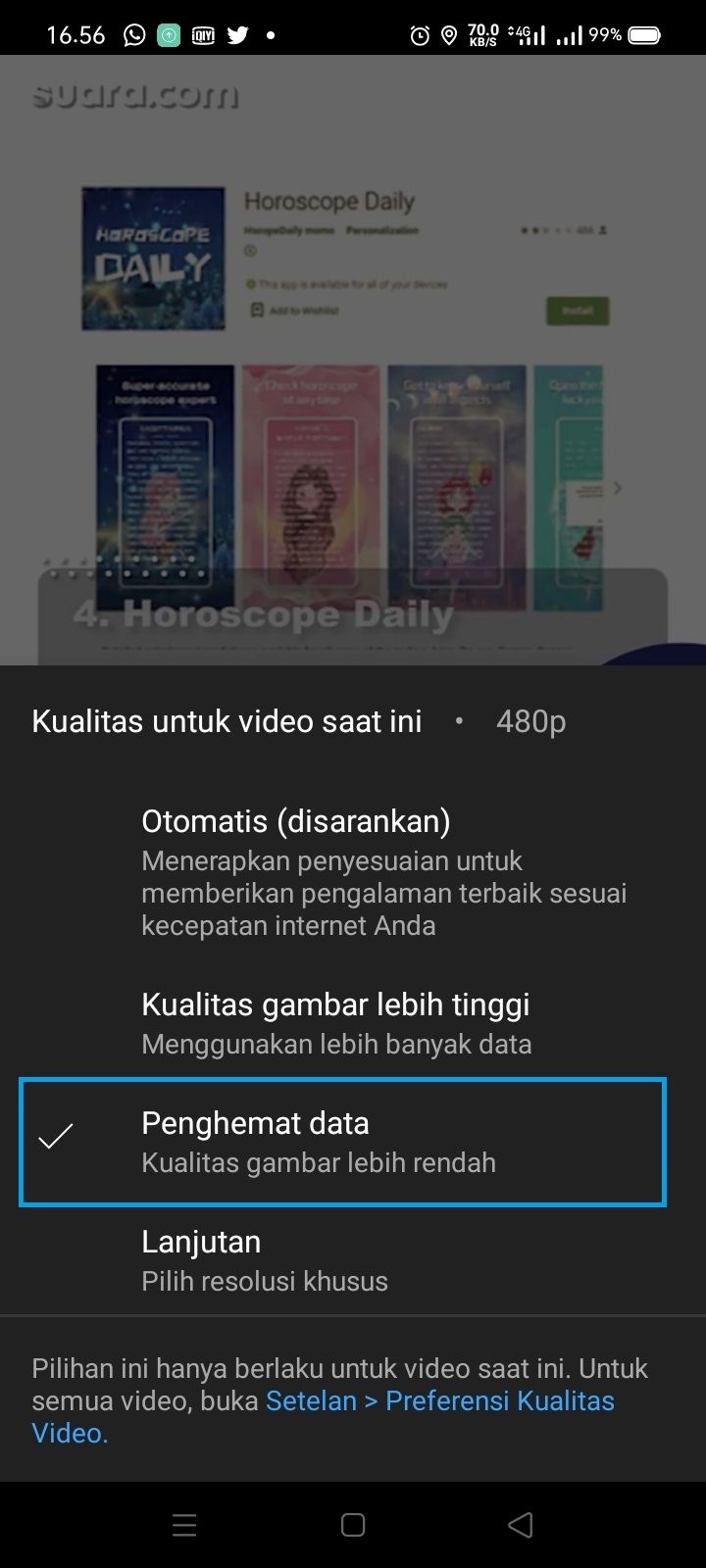 Cara menghemat paket data saat menonton YouTube. (HiTekno.com)