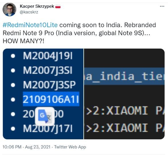 Bocoran Redmi Note 10 Lite. (Twitter/ kacskrz)