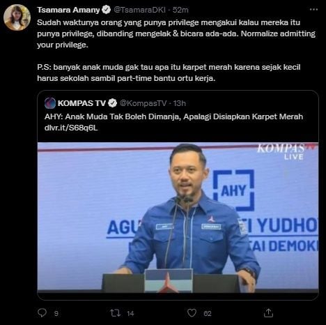 AHY Pesan Anak Muda Jangan Dimanja, Tsamara Beri Sindiran Menohok. (Twitter/@TsamaraDKI)