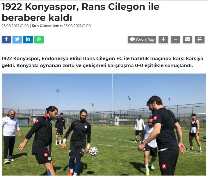 Rans Cilegon disorot media Turki saat tahan imbang 1922 Konyaspor. (screencapture)