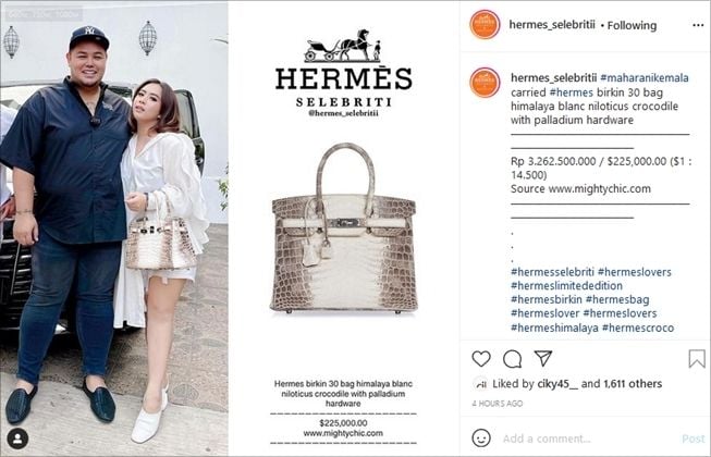 Gaya Maharani Kemala pakai tas Rp3 miliar. (Instagram/@hermes_selebritii)