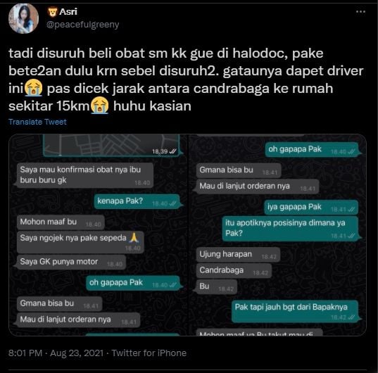 Perjuangan driver ojol kayuh sepeda 15 kilometer demi antar obat pelanggan. (Twitter/@peacefulgreeny)