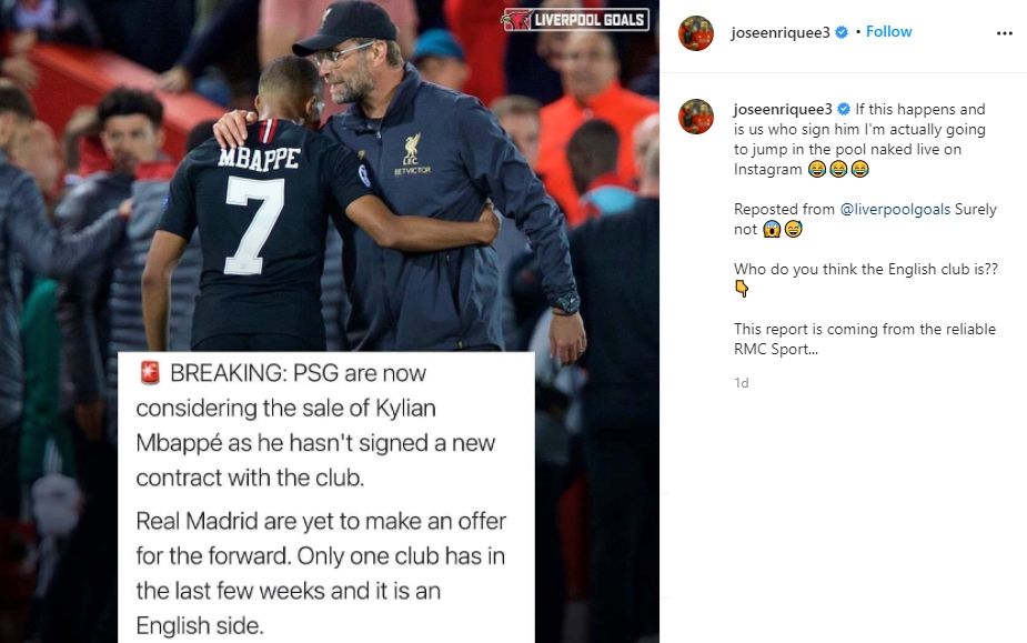 Janji Jose Enrique jika Kylian Mbappe ke Liverpool. (Instagram/joseenriquee3)