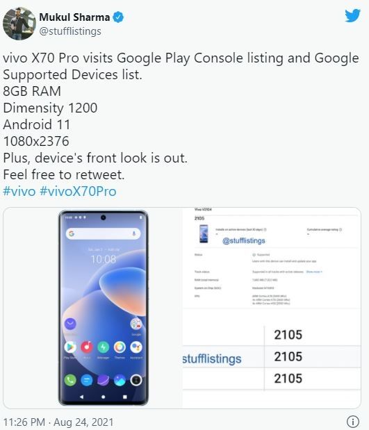 Vivo X70 Pro muncul di Google Play Console. (Twitter/ @stufflistings)