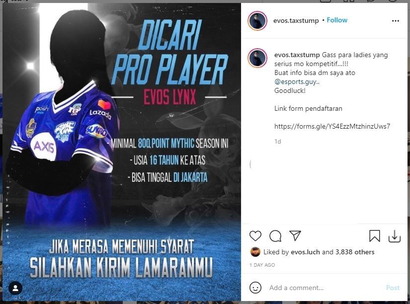 EVOS Lynx mencari pemain baru. (Instagram/ @evos.taxstump)