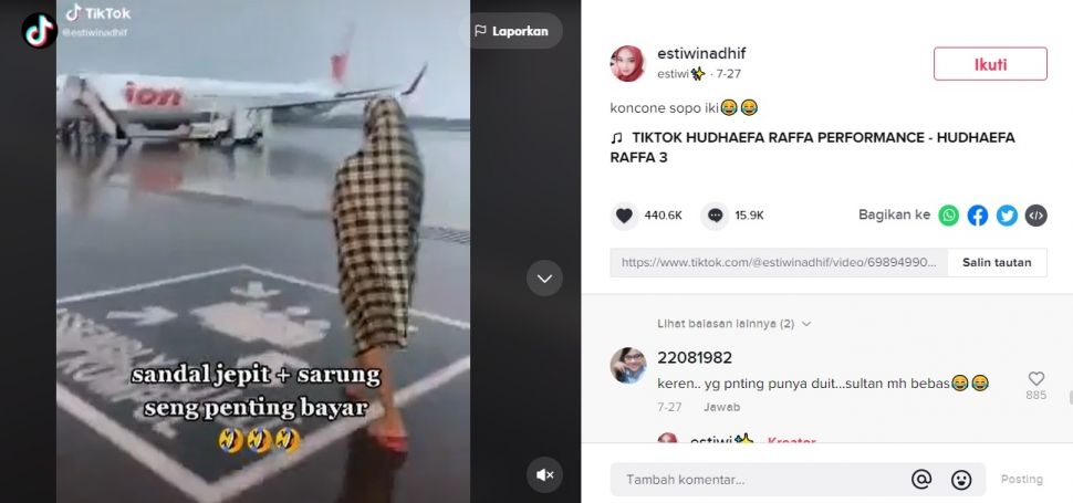 Viral Pria Pakai Sarung dan Sandal Jepit Kejar Pesawat. (TikTok/@estiwinadhif)