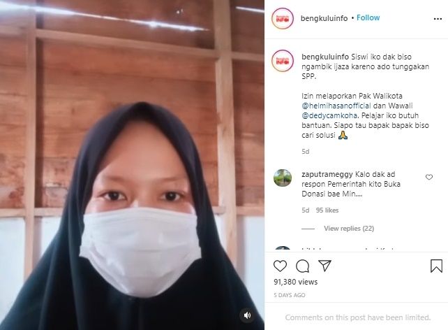 Kronologi Siswa Curhat Pilu Ijazah Ditahan Sampai Wali Kota Bengkulu Turun Tangan. (Instagram/@bengkuluinfo)