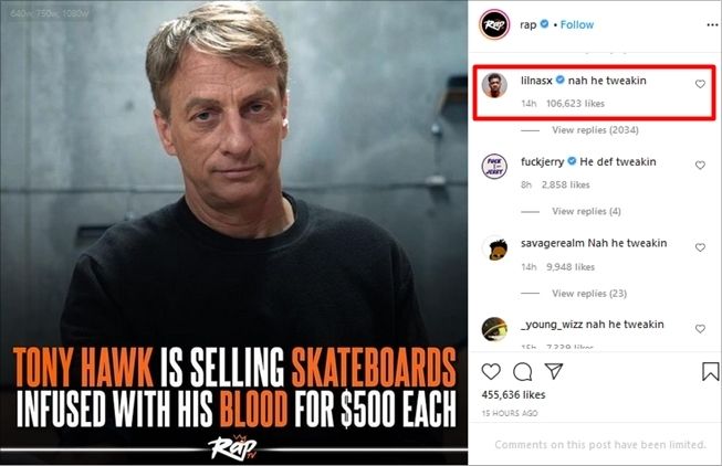 Celetukan Lil Nas X untuk menyindir Tony Hawk jadi tren yang menghebohkan. (Instagram/@rap)