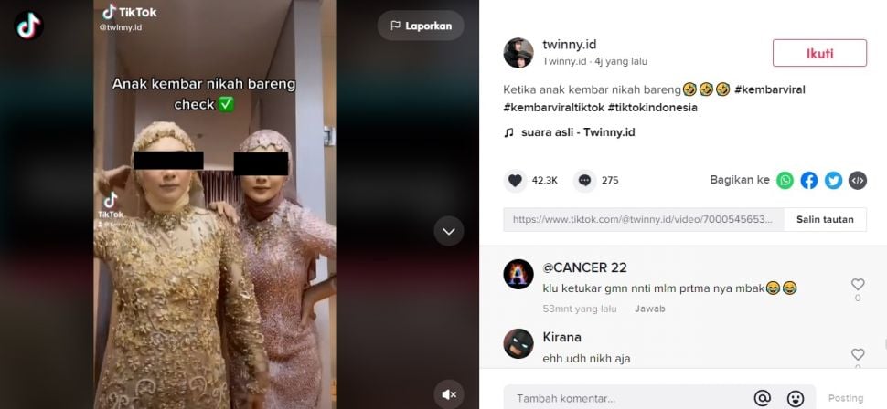 Viral Cewek Kembar Testimoni Nikah Bareng Cuma Beda 15 Menit. (TikTok/@twinny.id)