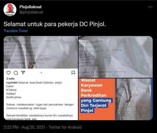 Pegawai bank bunuh diri terlilit pinjol. (Twitter/pinjollaknat)