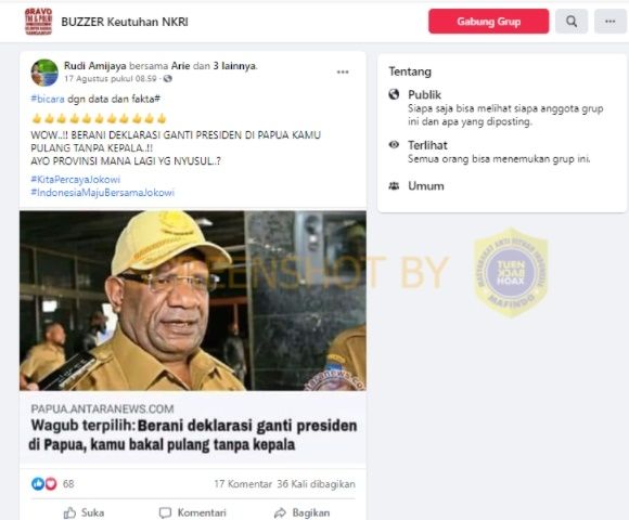 CEK FAKTA Wagub Terpilih Papua Ancam Warga Pulang Tanpa Kepala. (Turnbackhoax.id)