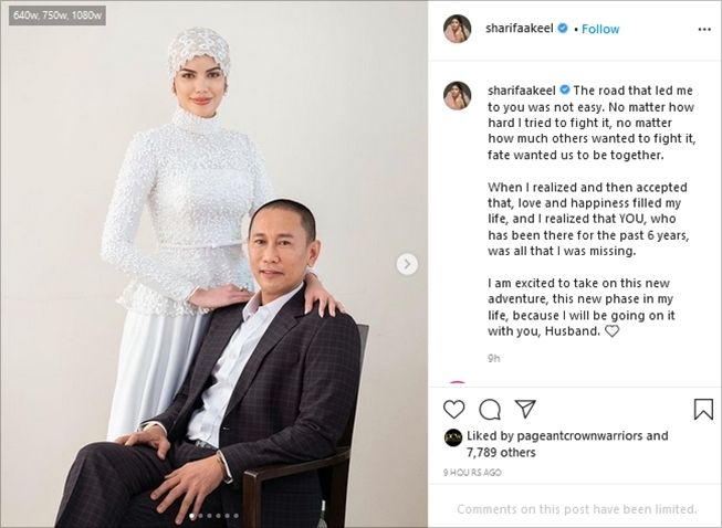 Foto pernikahan mantan ratu kecantikan Filipina dengan politisi. (Instagram/@sharifaakeel)