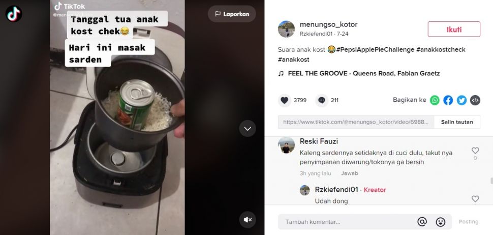 Viral Anak Kos Masak Beras Campur Kaleng Sarden di Magic Com. (TikTok/@menungso_kotor)