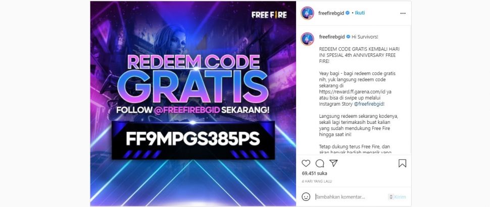 Kode redeem FF Free Fire terbaru (instagram/freefirebgid)